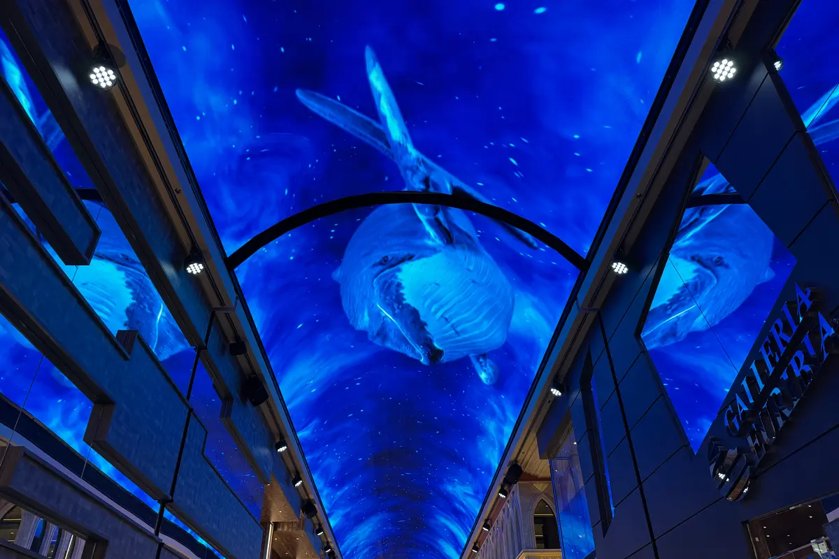 Ein Wal zieht über den LED-Himmel der Galleria an Bord der MSC Euribia