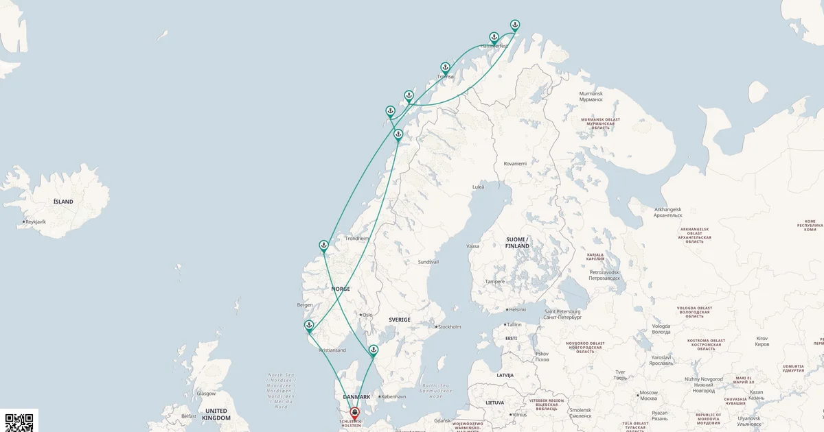 Routenkarte: Norwegen mit Lofoten & Nordkap ab Kiel