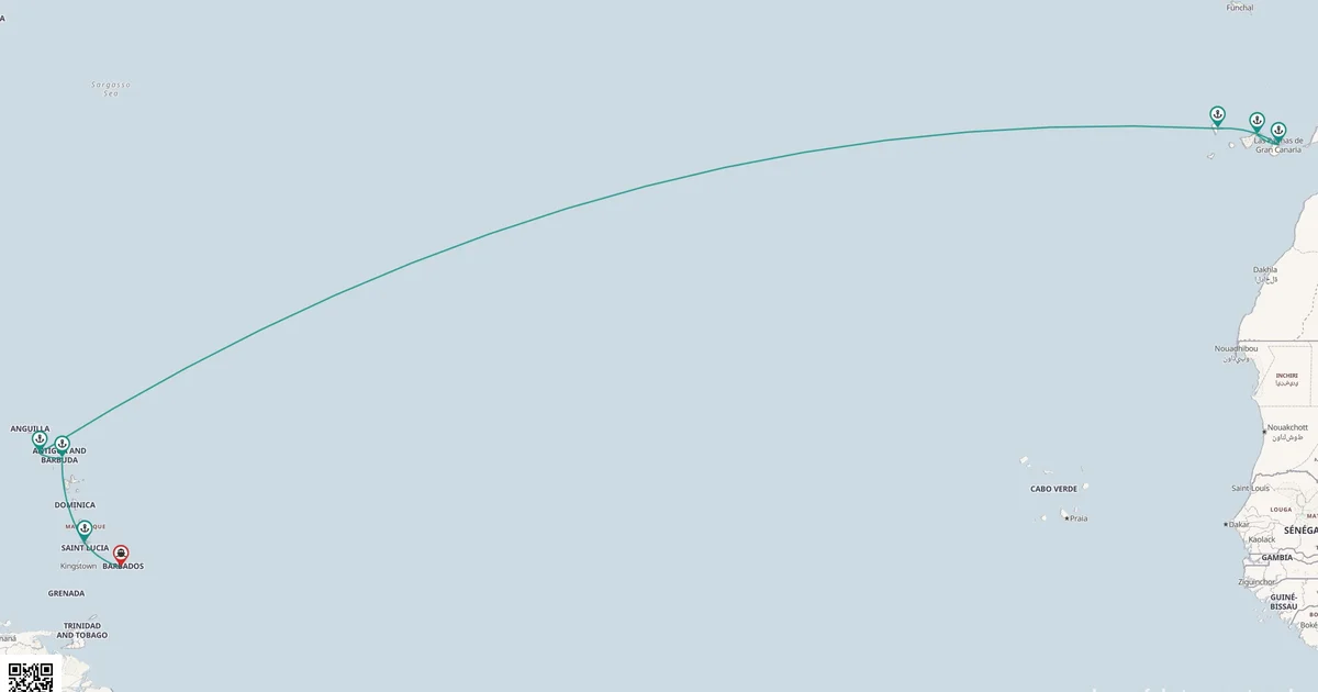 Routenkarte: Von Barbados nach Teneriffa