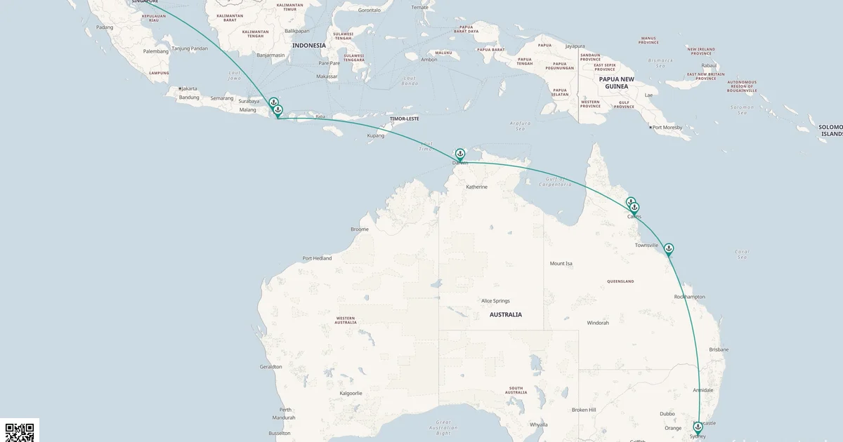 Routenkarte: Nachtflug von Singapur nach Sydney