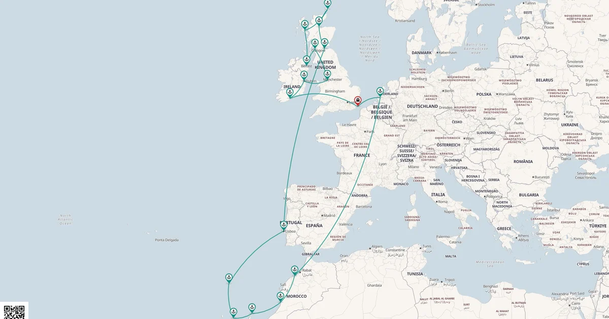 Routenkarte: 28-Tägige Reise: Kanarische Inseln & Britische Inseln: Madeira & Glasgow