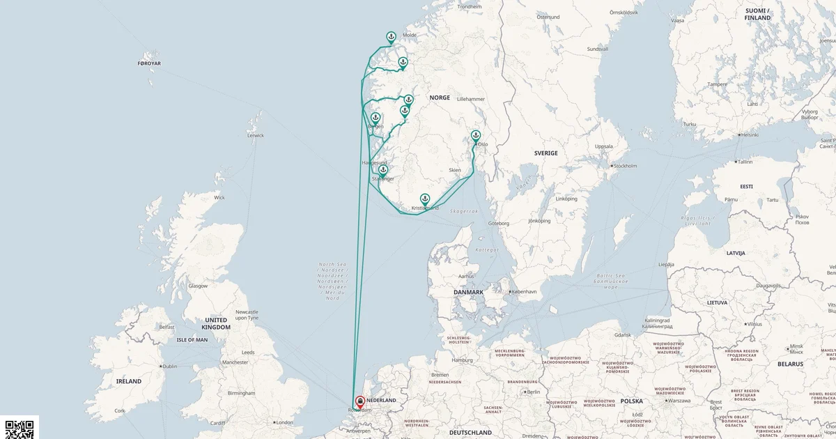 Routenkarte: 14-Tägige Reise Durch die Norwegischen Fjorde und den Sognefjord
