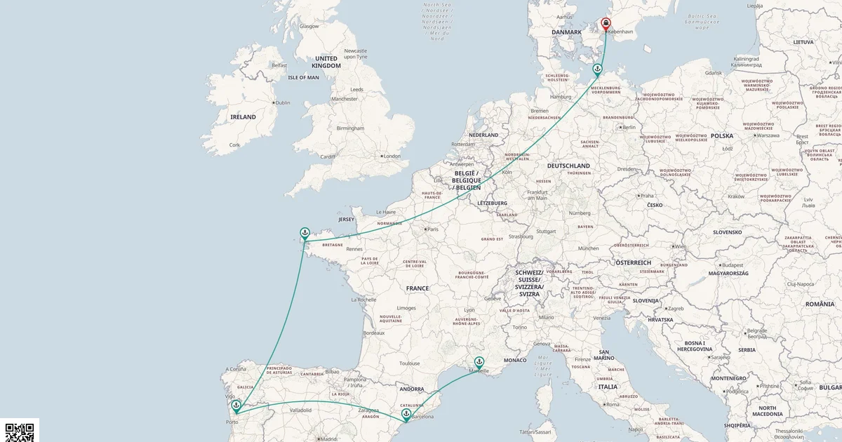 Routenkarte: Europäische Küstenzauber von Nord nach Süd
