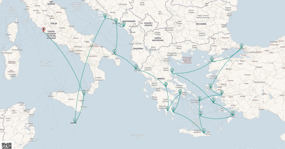 Routenkarte: 28-Tägige Mittelmeer-Reise: Italien, Griechenland & Ephesos