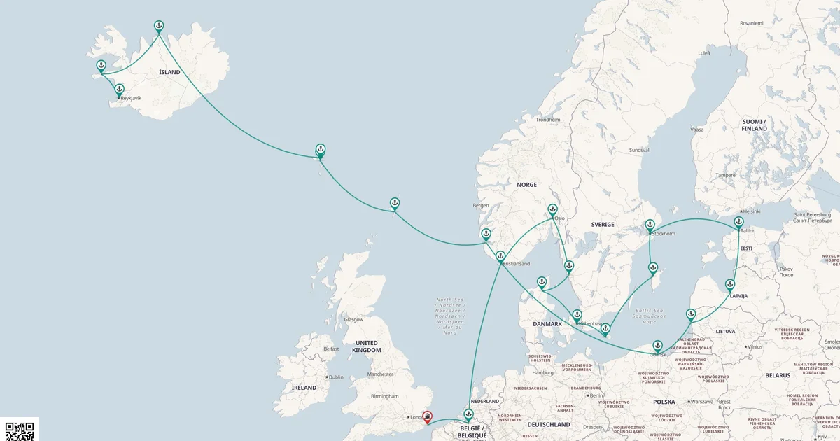 Routenkarte: 28-Tägige Reise: Norwegische Fjorde, Ostseenächte & Färöer-Inseln