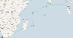Routenkarte: Von Kapstadt über Mauritius nach Bangkok