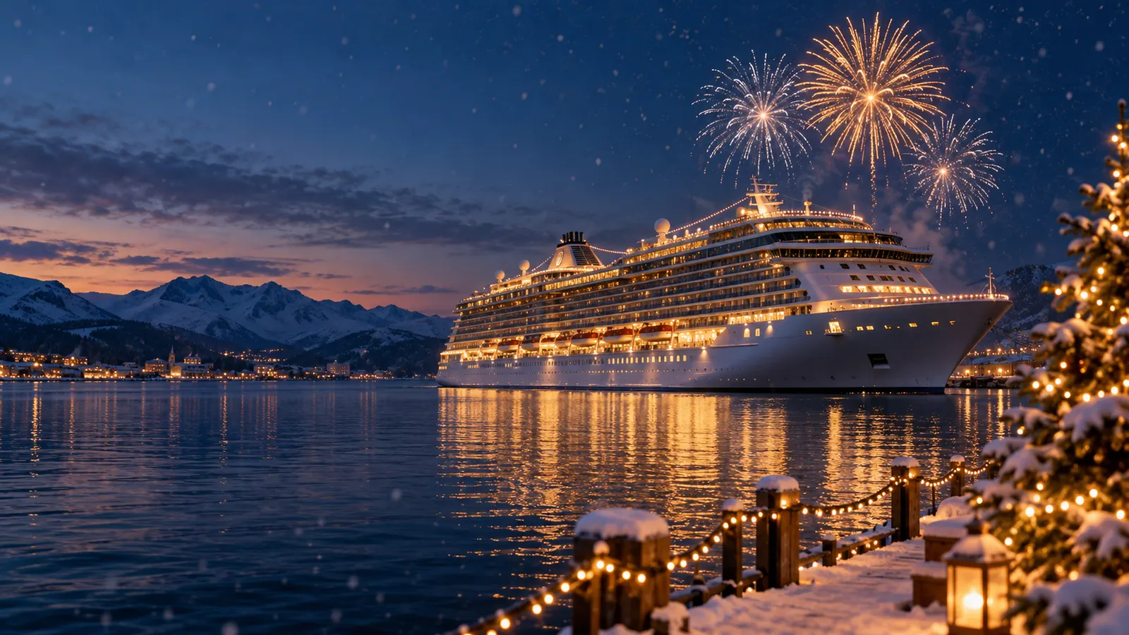Festlich beleuchtetes Kreuzfahrtschiff in einem verschneiten Hafen unter Feuerwerk — KI-generiertes Bild