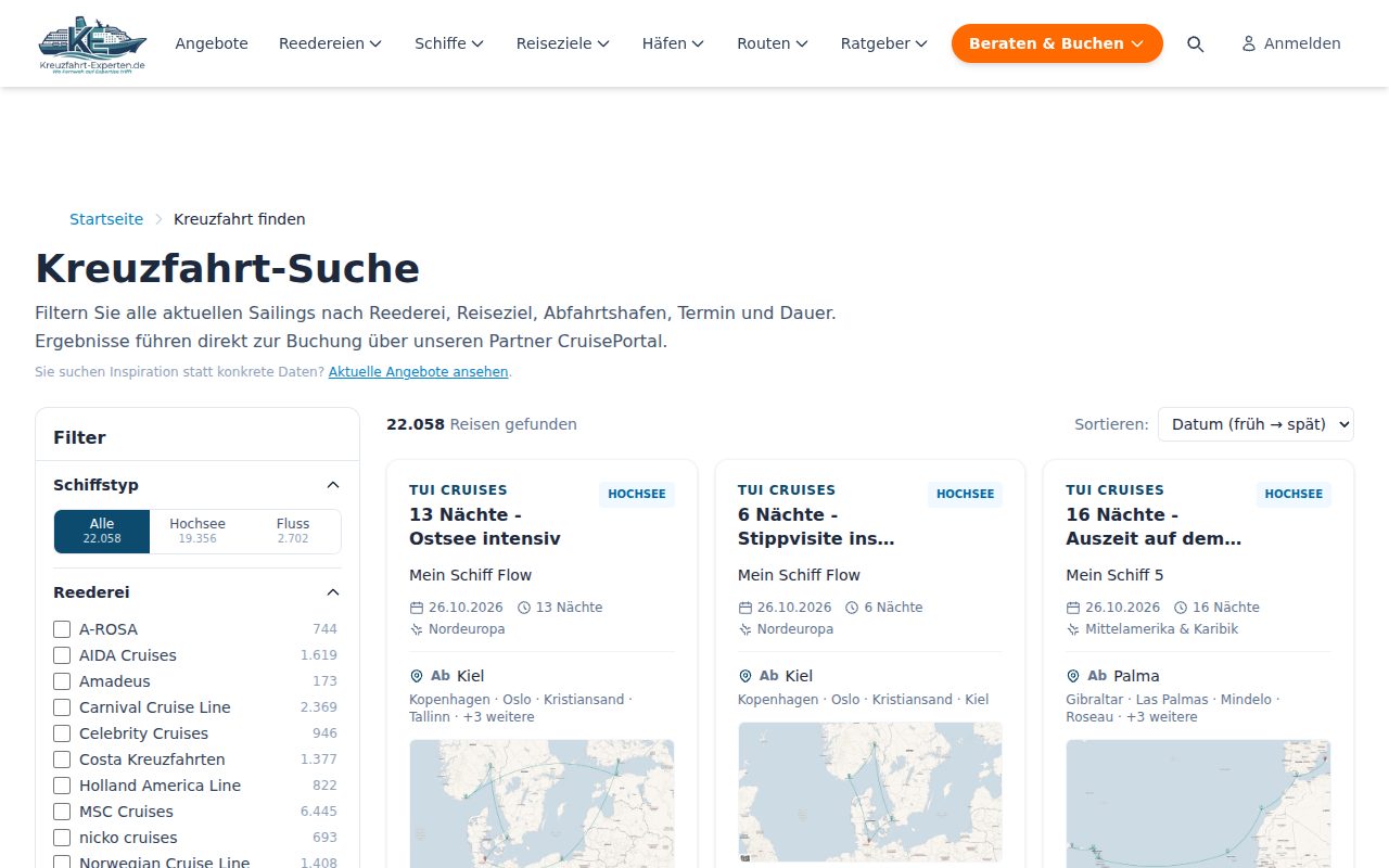 Blick in das Werkzeug Kreuzfahrt-Suche