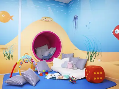 Der farbenfrohe Miniclub der AIDAnova zeigt eine Unterwasserwelt mit Fischen, Quallen und Korallen. Eine gemütliche rosa Kuschelhöhle, Kissen und Spielzeug laden zum Spielen und Entspannen ein.