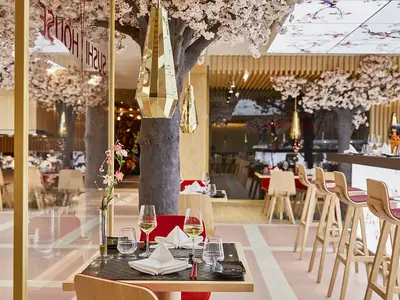 Das Sushi House an Bord der AIDAnova zeigt einen modernen Innenraum mit künstlichen Kirschblütenbäumen, goldenen Hängelampen und mehreren Tischen mit Essgedecken. Rechts ist eine Bar mit Hockern zu sehen.