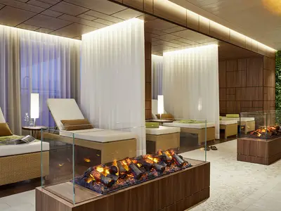 Der Body & Soul Organic Spa an Bord der AIDAnova: Helle Rattan-Liegen mit Kissen. Zwei Glas-Kamine mit simuliertem Feuer. Eine grüne Pflanzenwand und sanfte Beleuchtung erzeugen eine entspannte Atmosphäre.