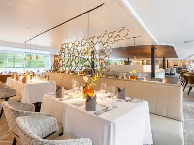 Ein helles und modernes Restaurant auf der AMADEUS Amara mit Tischen, Stühlen, Bänken und einem dekorativen, goldenen Raumteiler. Große Fenster zeigen eine vorbeiziehende grüne Landschaft.