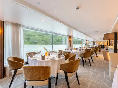 Elegantes Flussschiff-Restaurant mit runden, festlich gedeckten Tischen und Samtstühlen. Grosse Fensterfronten zeigen eine grüne Flusslandschaft. Moderne Einrichtung.