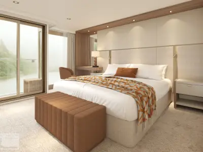 Geräumige Suite auf der Amadeus Aurea mit großem Doppelbett, brauner Sitzbank und Panoramablick auf einen Fluss und bewaldete Berge durch eine Glasschiebetür.