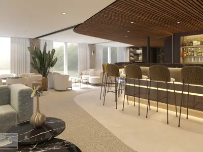 Elegante Bar-Lounge auf der Amadeus Aurea. Bar mit Hockern, gemütliche Sitzbereiche und grosse Fenster mit Blick auf einen Fluss und Bäume. Holzinterieur mit warmer Beleuchtung.