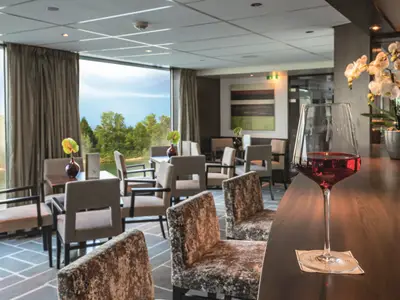 Eine stilvolle Bar-Lounge auf der Amadeus Brilliant mit grossen Panoramafenstern und Blick auf gruene Ufer. Ein Glas Rotwein steht auf dem Bartresen im Vordergrund.