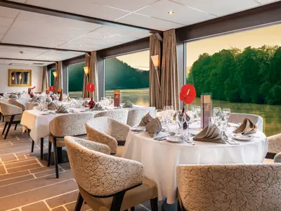 Ein fein gedecktes Restaurant auf der Amadeus Brilliant mit weissen Tischen und Blick auf bewaldete Ufer durch grosse Fenster. Rote Blumen schmücken die Tische.