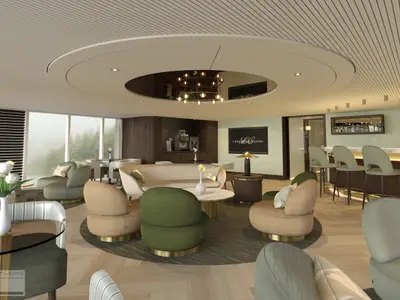 Moderne Kreuzfahrtschiff-Lounge auf der AMADEUS Mira mit bequemen Sitzgruppen in Beige und Grün. Eine Bar, Kaffeestation und große Fenster mit Blick auf bewaldete Berge. 