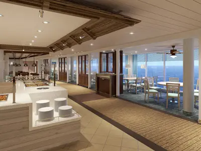 Modernes Buffetrestaurant an Bord der Carnival Celebration mit weißen Buffetanlagen voller Speisen. Große Fenster bieten Meerblick, Sitzbereiche mit Tischen und Stühlen.