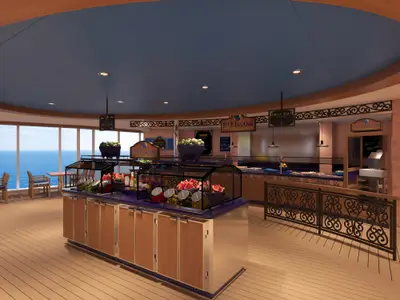 Ein farbenfrohes Buffet-Restaurant an Bord der Carnival Celebration, mit Selbstbedienungsstationen für mexikanische Speisen und Blick auf das weite Meer durch große Fenster. Holzböden und eine einladende Atmosphäre.