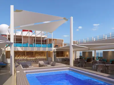 Eine computergenerierte Ansicht eines modernen Pooldecks auf der Carnival Celebration mit Bar, Lounge-Bereichen und Meerblick unter Sonnensegeln.