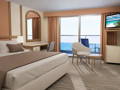 Blick in eine moderne Balkonkabine auf der Carnival Encounter mit Doppelbett, Sitzgelegenheit, Schreibtisch und Balkon mit Meerblick.