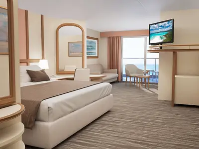 Gerenderte Innenansicht einer modernen Balkonkabine auf der Carnival Encounter. Helles Doppelbett mit brauner Tagesdecke, dahinter eine Wandvertäfelung in Pastellfarben. Rechts ein Schreibtisch mit Stuhl und ein Sofa, links ein offener Garderobenschrank mit Fernseher. Durch die bodentiefen Fenster ist ein Balkon mit Stuhl und Tisch sowie das blaue Meer und der Himmel sichtbar.