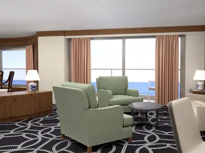Gerenderte Ansicht einer luxuriösen Suite an Bord der Carnival Encounter. Sie zeigt einen hellen Wohnbereich mit grün-bezogenen Sesseln, einem Schreibtisch und großen Fenstern mit Blick auf das blaue Meer.
