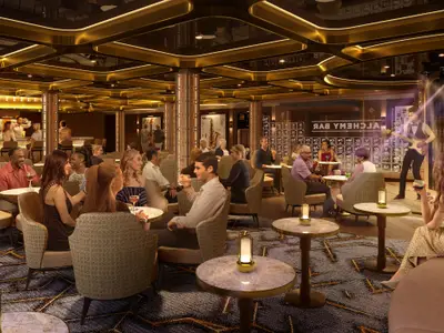 Eine lebhafte Szene in einer luxuriösen Bar-Lounge auf der Carnival Festivale. Gäste sitzen an Tischen und der Bar, genießen Getränke und Live-Musik von einer Band auf einer kleinen Bühne.
