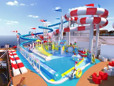 Bunter Dr. Seuss Wasserpark auf der Carnival Horizon mit mehreren Wasserrutschen, Splash-Zonen und thematischen Figuren. Das Meer ist im Hintergrund sichtbar.