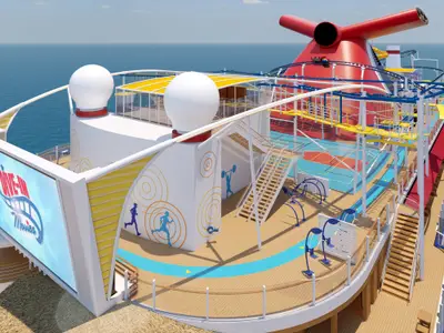 Rendering des Oberdecks der modernen Carnival Jubilee. Es zeigt eine blaue Laufstrecke, einen Basketballplatz, Outdoor-Fitnessgeräte, einen Hochseilgarten, eine rote Achterbahn und einen großen Bildschirm für Outdoor-Kino mit der Aufschrift 'Dive-In Movies'. Im Hintergrund ist das blaue Meer zu sehen.