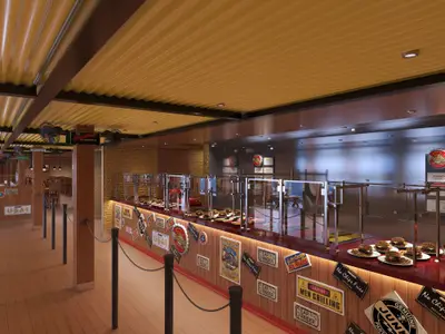 Innenansicht eines Buffet-Restaurants im Retro-Diner-Stil mit einer langen Essensausgabe. Auf dem Tresen stehen Burger und Beilagen bereit. Eine Warteschlange mit Absperrungen führt zum Buffet. Im Hintergrund sind Tische und Stühle zu sehen.