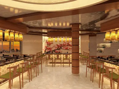 Innenansicht eines modernen japanischen Spezialitätenrestaurants. Lange Theken mit Holzhockern, Tischen und Stühlen. An der Rückwand eine große Kirschblütenmalerei und daneben Regale mit Bonsai-Pflanzen. Durch Fenster ist ein Sonnenuntergang über dem Meer sichtbar. Warme Beleuchtung.