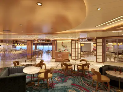 Eine stilvolle Szene in einem modernen asiatischen Spezialitätenrestaurant auf der Carnival Jubilee. Mehrere Bereiche mit Tischen, Stühlen, einer Sushi-Bar und einem Teppanyaki-Bereich sind zu sehen. Die Decke ist teilweise golden glänzend und es gibt ein Empfangspult mit dem "Bonsai"-Logo. Im Hintergrund ist durch große Fenster das Meer zu sehen.
