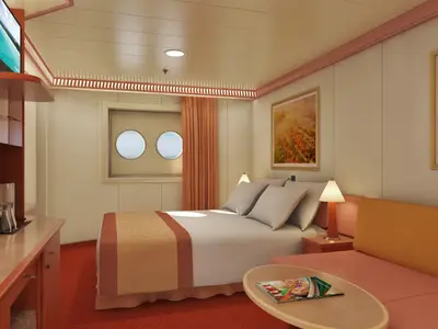 Ein Computer-Rendering einer modernen Außenkabine mit Doppelbett, einem kleinen Sofa, zwei runden Bullaugen-Fenstern und Holzelementen in warmen Farben.