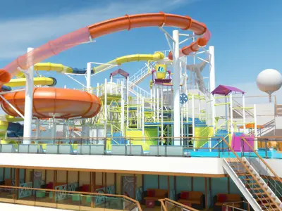Computergenerierte Darstellung eines großen, bunten Wasserrutschenparks auf dem Oberdeck der Carnival Magic unter blauem Himmel. Mehrere orange, gelbe und blaue Rutschen schlängeln sich um eine große Wasser-Spielstruktur. Im Vordergrund sind Terrassen und Sitzbereiche zu sehen.