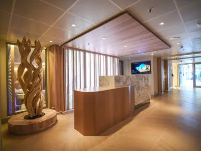 Moderner Empfang auf der Carnival Radiance. Links eine hohe Holzskulptur. Mittig Holz-Marmor-Tresen. Im Hintergrund Bildschirm und Fitnessstudio durch Glastüren. Holzboden.