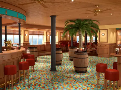 Innenansicht einer gerenderten Bar-Lounge auf der Carnival Sunrise. Eine lange Theke mit roten Barhockern, Tischen, Fässern und einer großen Palme sind zu sehen. Große Fenster bieten Meerblick.