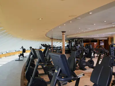 Ein großes, helles Fitnessstudio auf der Carnival Venezia mit einer Reihe von Cardiogeräten wie Laufbändern, Fahrrädern und Rudergeräten. Die Decke ist teilweise gewölbt und es gibt große Fensterfronten auf der linken Seite, die Tageslicht hereinlassen. Die Geräte sind modern und schwarz.