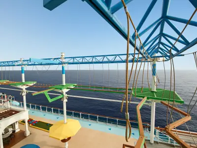 Ein Seilgarten mit blauer Metallkonstruktion und Hängebrücken auf dem Oberdeck der Carnival Venezia. Das weite blaue Meer ist im Hintergrund sichtbar.