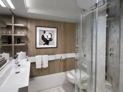 Modernes Badezimmer auf der Celebrity Apex mit Waschtisch, Spiegel, Glasdusche mit Marmoroptik und WC. Eine Holzwand schmückt das Bad, darauf ein Schwarz-Weiß-Bild und Handtücher.