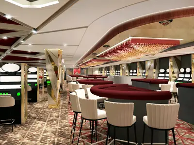 Casino an Bord der Celebrity Ascent mit roten Spieltischen, weißen Hockern und Spielautomaten. Moderne Deckenbeleuchtung.