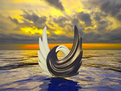 Zwei ineinander verschlungene, abstrakte Skulpturen, eine hell, eine dunkel, schwimmen auf dem Wasser bei dramatischem Sonnenuntergang.