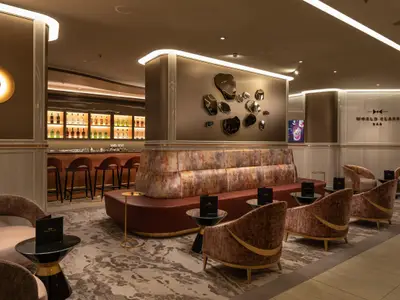 Lounge-Bar auf Celebrity Beyond: Beleuchtete Theke, geschwungene Bank und Sessel auf gemustertem Teppich. Warme Brauntöne und goldene Akzente prägen das moderne Ambiente.