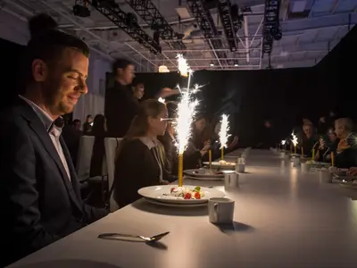 Dinner auf der Celebrity Edge. Gäste sitzen an langer Tafel. Desserts mit Wunderkerzen leuchten. Mann im Anzug lächelt vorn, andere Gäste im Hintergrund.