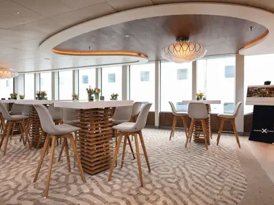 Lounge der Celebrity Flora. Hohe Tische mit Holzsockeln und grauen Barhockern. Große Fenster, gemusterter Teppich und geschwungene Decke mit Beleuchtung. Modernes Ambiente.