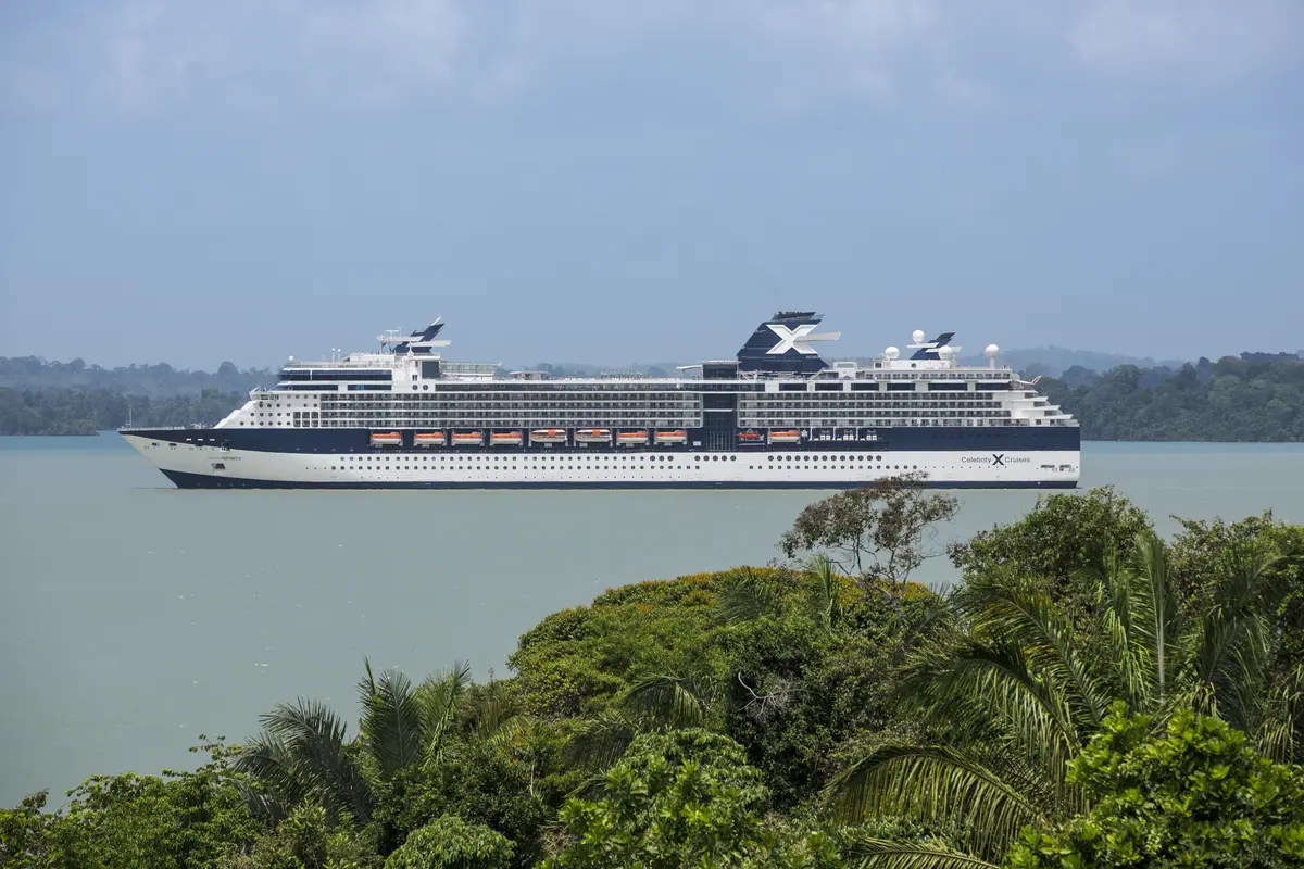 Die Celebrity Infinity, ein grosses weiss-blaues Kreuzfahrtschiff, fährt auf ruhigem, grünlichem Wasser an einer dicht bewachsenen grünen Küste vorbei unter einem hellblauen Himmel.