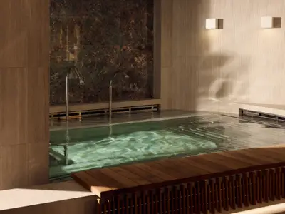 Warm beleuchteter Hydrotherapie-Pool mit zwei Wasserschwall-Spenden und Holzverkleidung an Bord der Explora I.