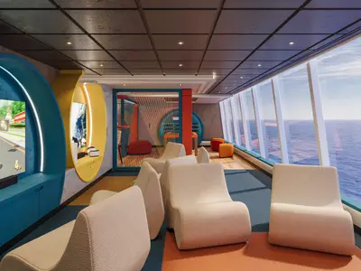 Blick in den farbenfrohen Nautilus Teens Lounge-Bereich an Bord der Explora III mit TV-Bildschirmen und Panoramafenstern.