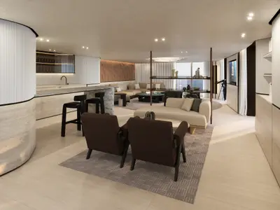 Modernes, elegants Wohnzimmer der Owner's Residence an Bord der Explora III mit braunen Sesseln, Sofa und Barbereich.